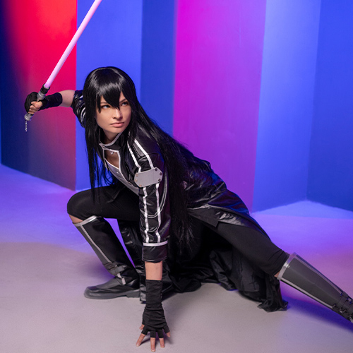 Dynamic Kirito cosplay from Sword Art Online: Gun Gale Online (GGO), showcasing his signature black outfit, long coat, and pink photon sword in an action pose. Perfect for fans searching for Kirito GGO cosplay ideas or Sword Art Online-inspired costumes