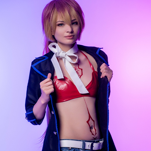 Stylish Shura Kirigakure cosplay from Blue Exorcist, featuring her iconic red top, open jacket with blue accents, and intricate tattoo details, captured in a dynamic studio setting. Perfect for fans seeking Blue Exorcist cosplay ideas