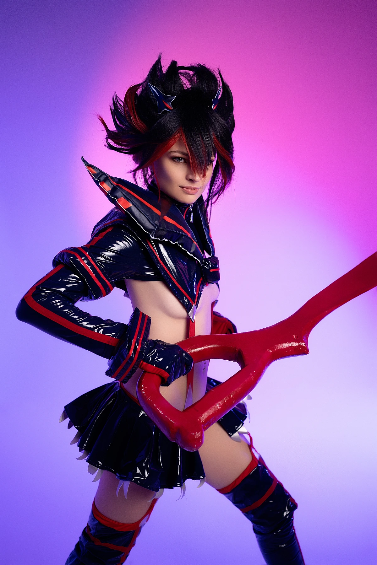 Ryuko Matoi cosplay portrait scissor blade held close violet pink studio gradient glossy Senketsu outfit confident expression Kill la Kill