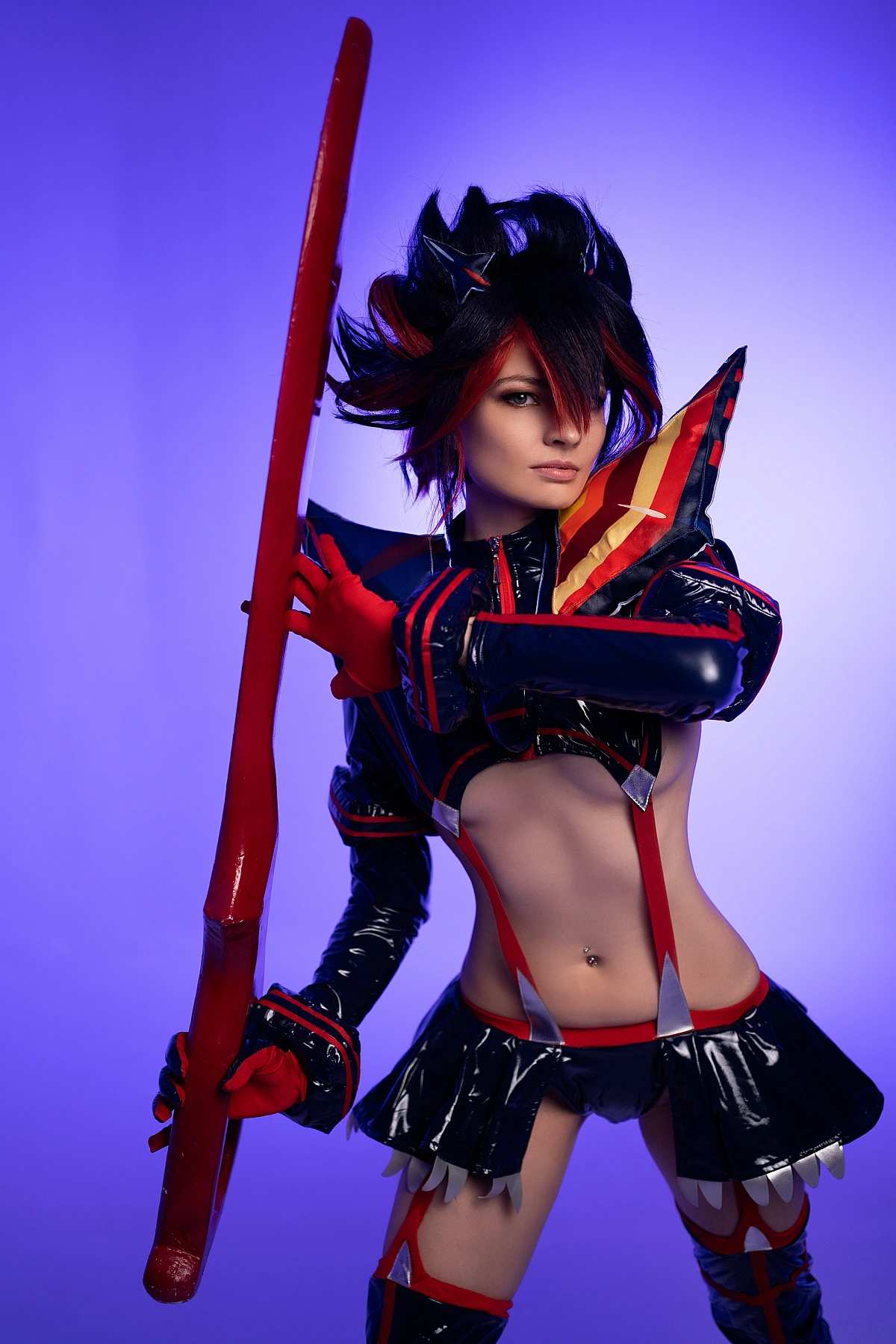 Ryuko Matoi cosplay centered wetlook latex Senketsu shine downward scissor blade hold purple studio background commanding Kill la Kill