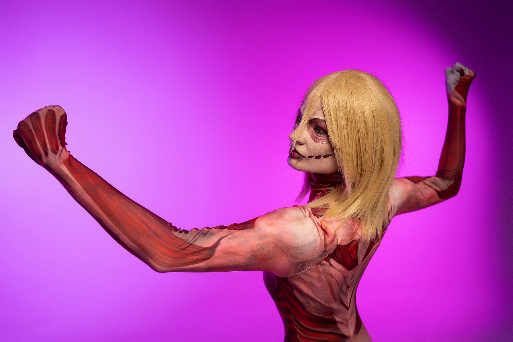 Female Titan cosplay side profile flex, Annie Leonhart raised arms, anatomical muscle bodysuit, purple background AOT cosplay