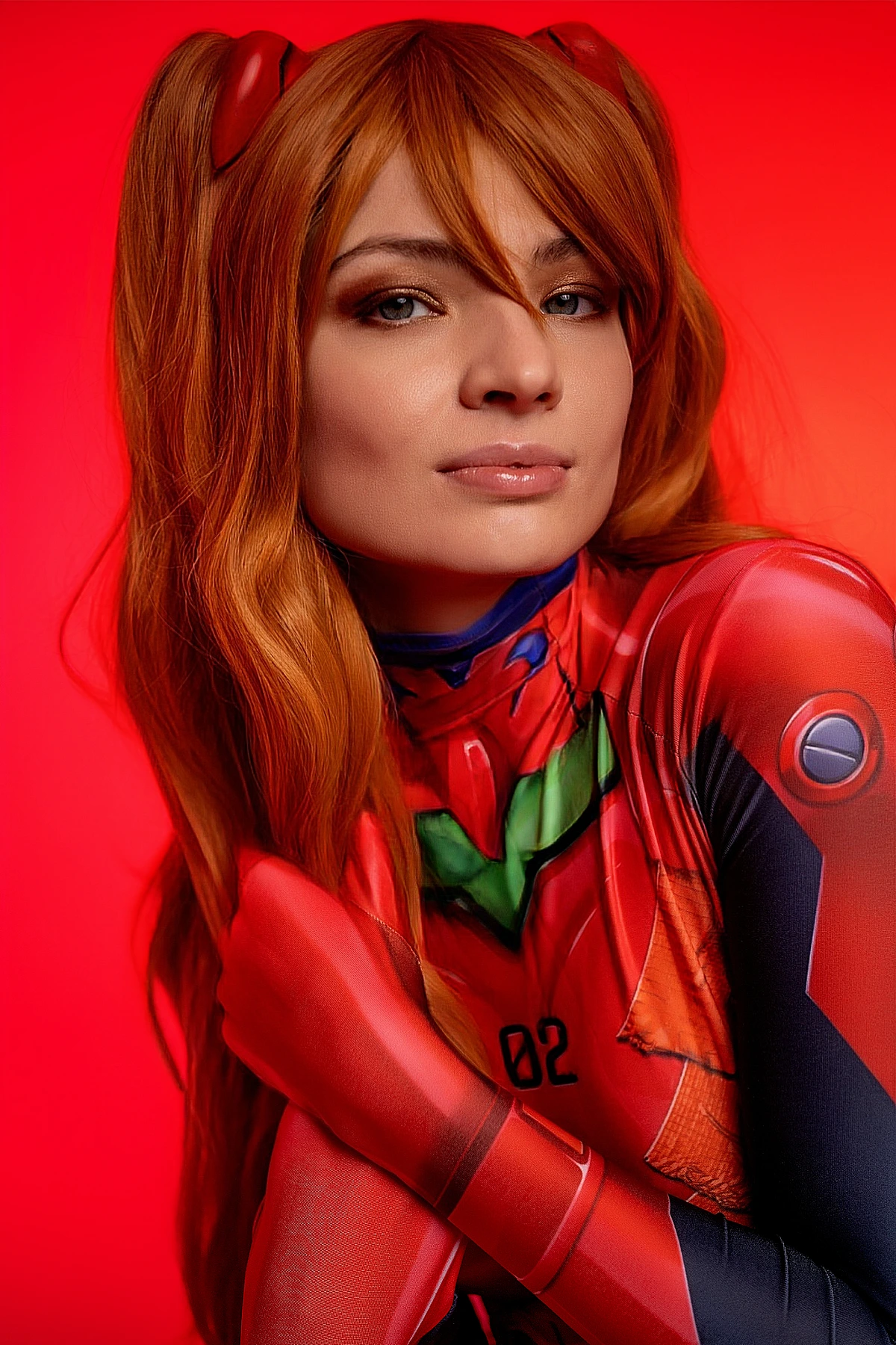 Close portrait of Asuka Langley cosplay with soft eye contact and orange hair