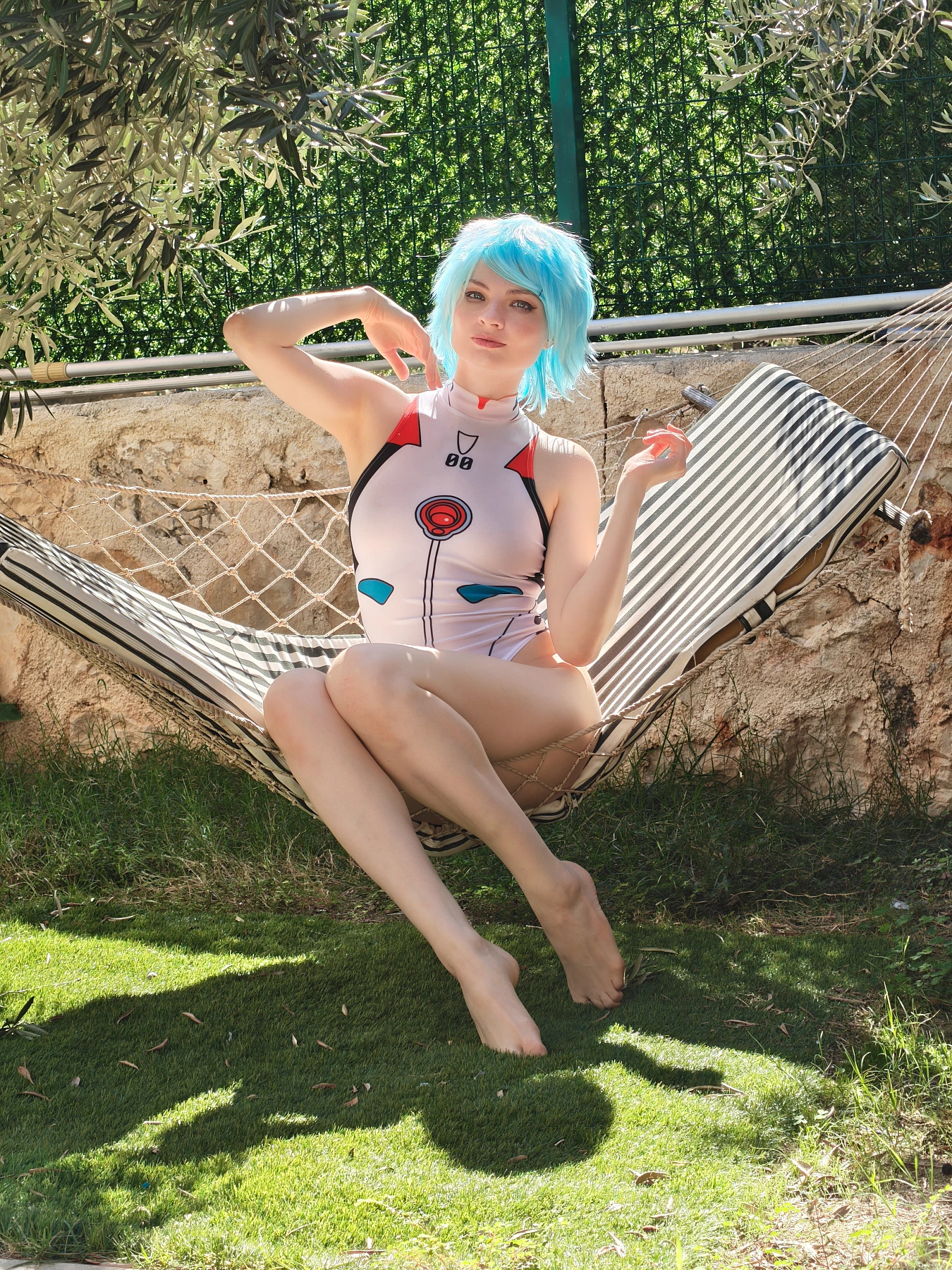 Rei Ayanami cosplay garden hammock symmetrical summer light white plugsuit balanced Evangelion aesthetic photography