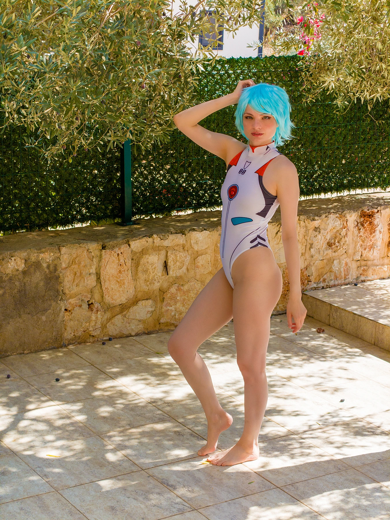 Rei Ayanami cosplay poolside seated warm glow bare legs white bodysuit summer Evangelion warm photography
