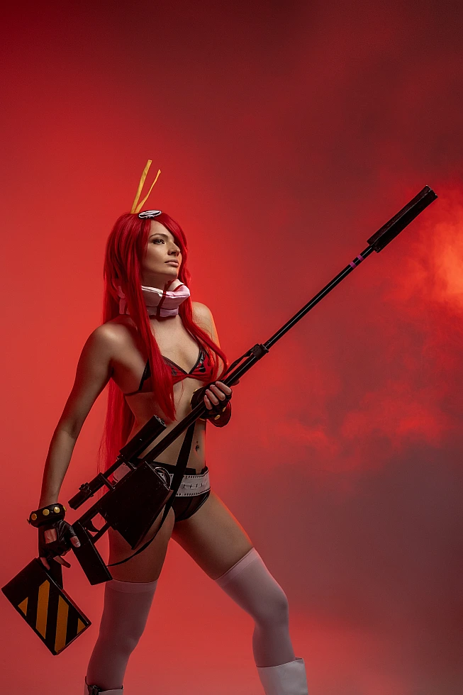 Yoko Littner cosplay full body shot, diagonal sniper rifle pose, crimson red smoke studio, thigh-high stockings, flame bikini, long red hair, anime cosplay