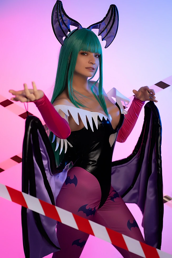 Morrigan Aensland cosplay symmetric mirrored hands, open wings, pastel neon lighting, glossy bodysuit, green hair