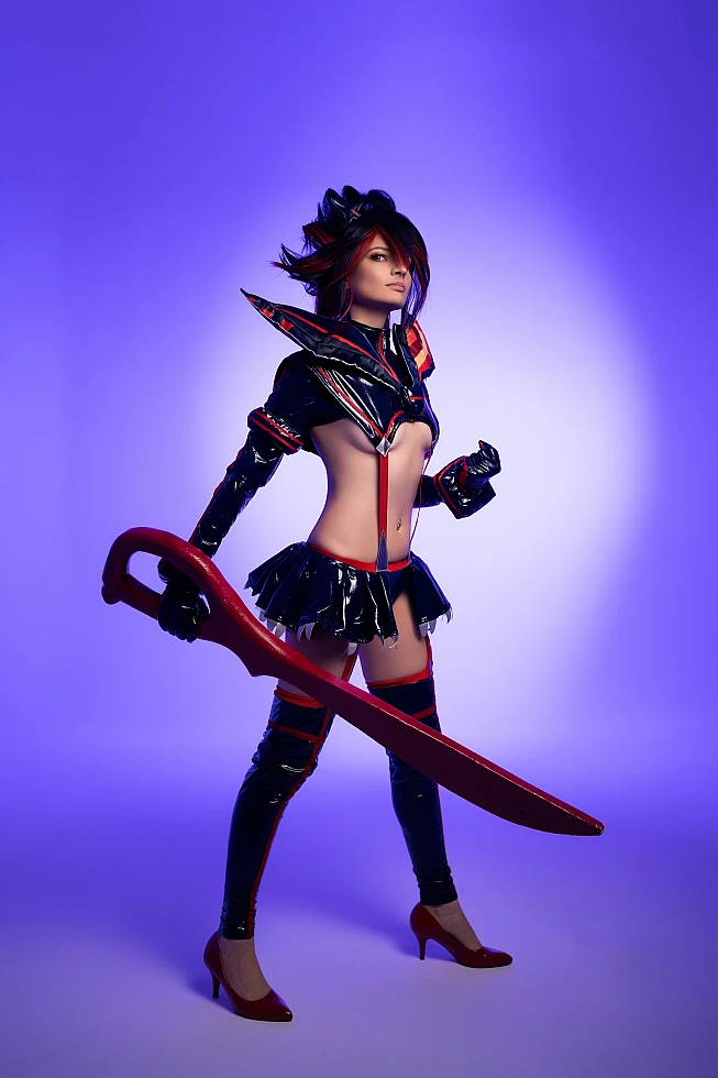 Ryuko Matoi cosplay full body standing portrait violet gradient studio lowered scissor blade glossy Senketsu costume Kill la Kill