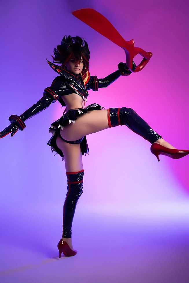 Ryuko Matoi cosplay aerial kick peak motion raised scissor blade neon violet pink studio lighting glossy Senketsu cinematic Kill la Kill