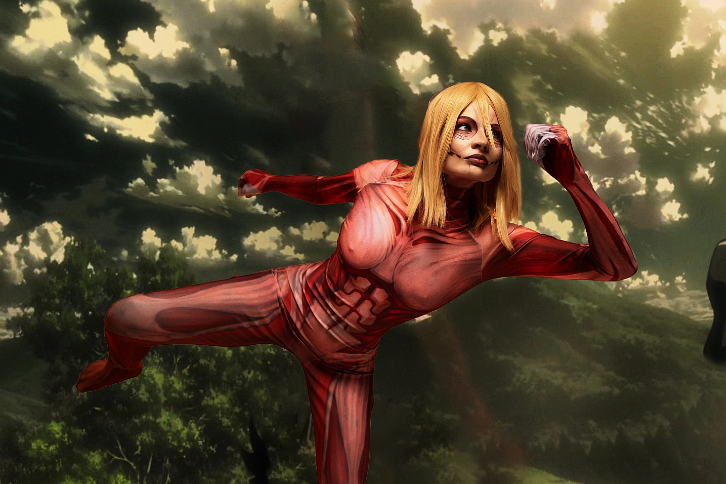 Female Titan cosplay flying kick, Annie Leonhart mid-air action, anatomical muscle bodysuit, Attack on Titan outdoor cosplay