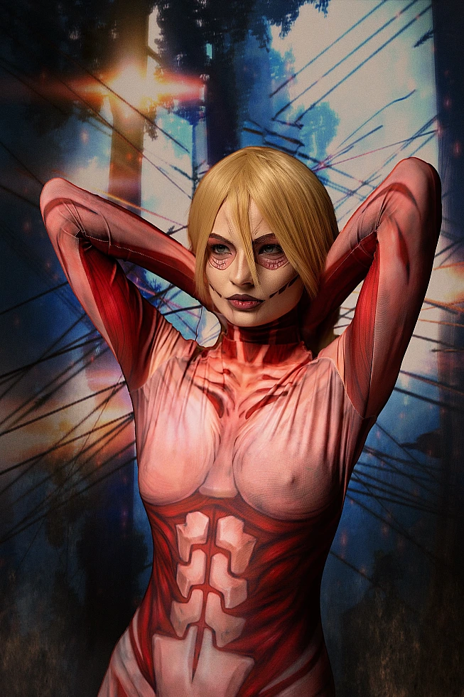 Female Titan cosplay arms behind head, Annie Leonhart pose, anatomical muscle bodysuit, forest backdrop AOT cosplay
