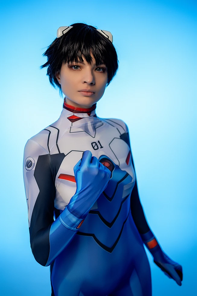 trap Shinji Ikari cosplay close-up, clenched gloved hand, blue bodysuit, neon blue studio lighting, anime trap photography