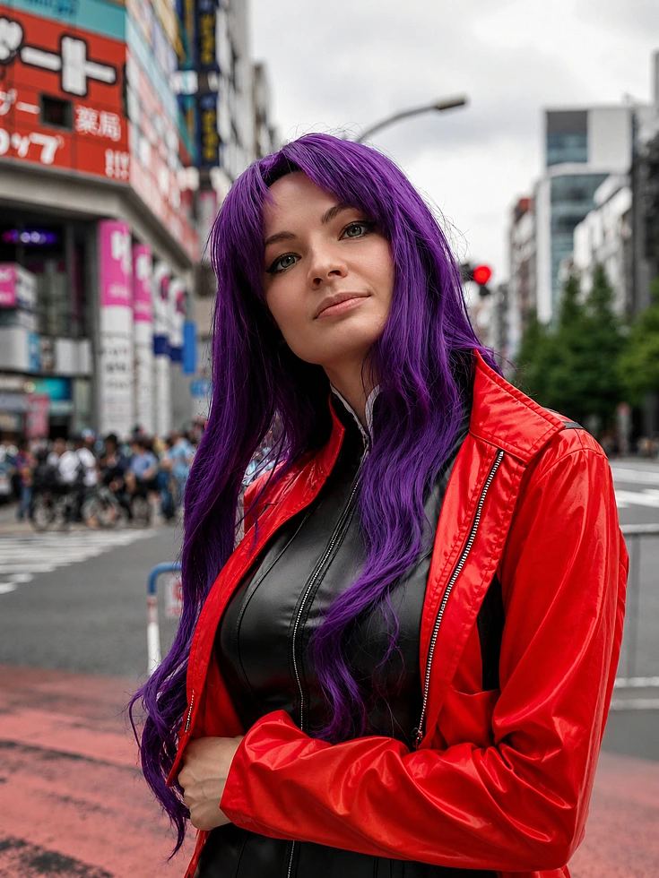 Misato Katsuragi cosplay portrait in Akihabara with purple hair, red jacket and black dress on a Tokyo street