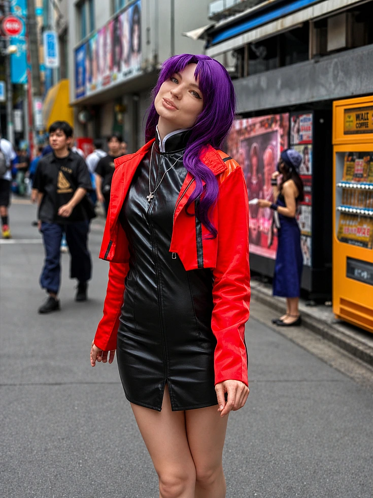 Misato Katsuragi cosplay walking through an Akihabara side street in a red jacket and black dress with purple hair